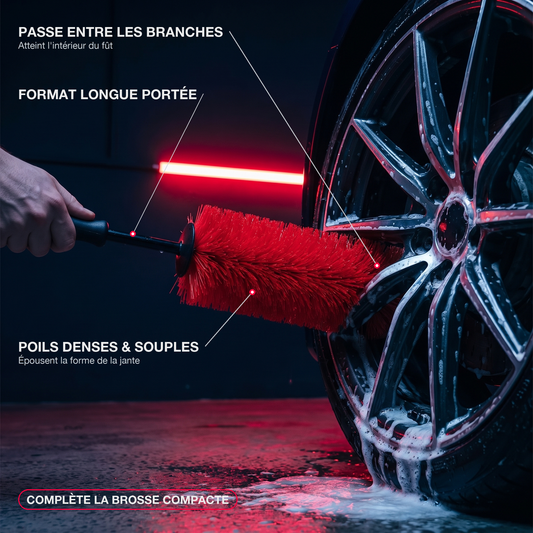 Infographie brosse longue pour jantes MyClear : brosse entre les branches de la jante, avantages en callouts