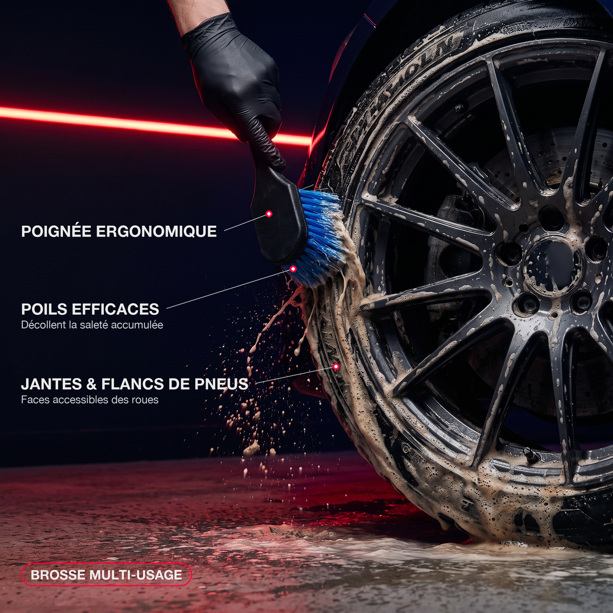 Infographie brosse roues multi-usage MyClear : brossage du pneu et de la jante, avantages en callouts