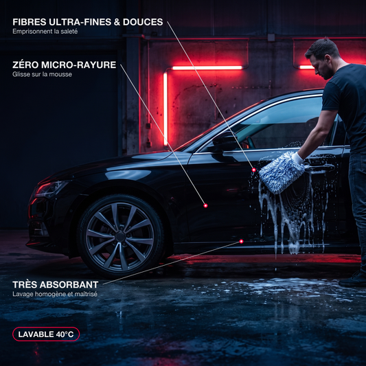 Gant de lavage MyClear - infographie : fibres ultra-fines et douces, zéro micro-rayure, très absorbant, lavable 40°C