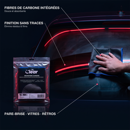 Infographie microfibre carbone pour vitres MyClear : lunette arrière essuyée, avantages en callouts