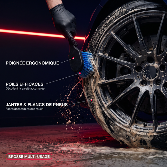 Infographie brosse roues multi-usage MyClear : brossage du pneu et de la jante, avantages en callouts