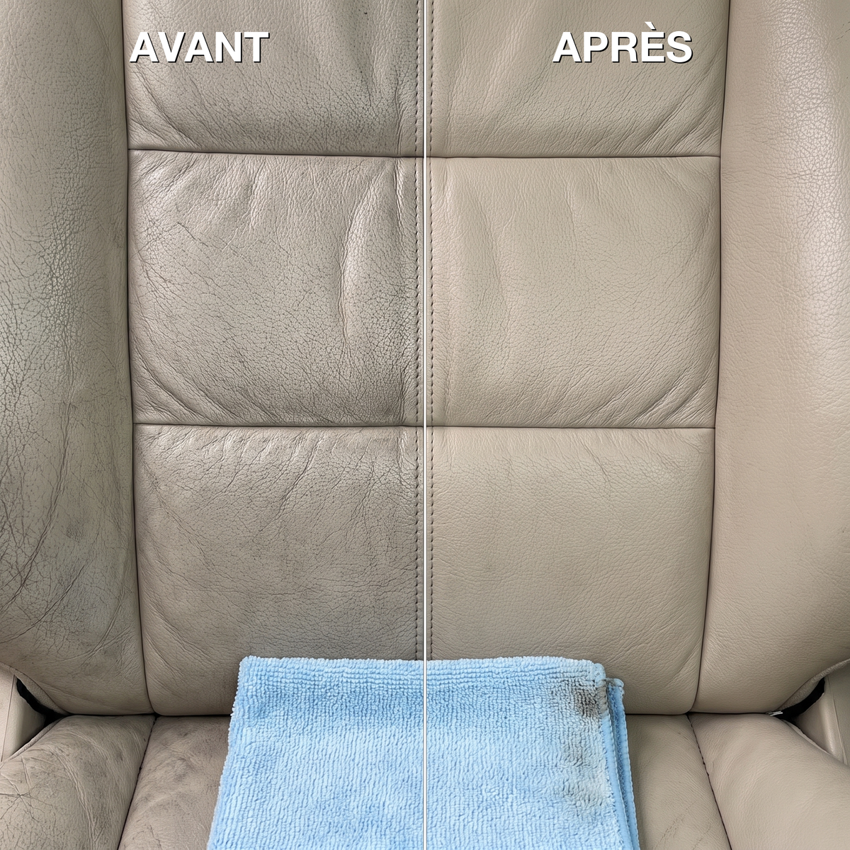 Avant / après : cuir encrassé puis nettoyé, microfibre MyClear bleue