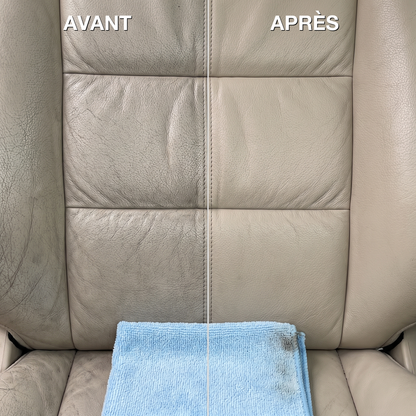 Avant / après : cuir encrassé puis nettoyé, microfibre MyClear bleue