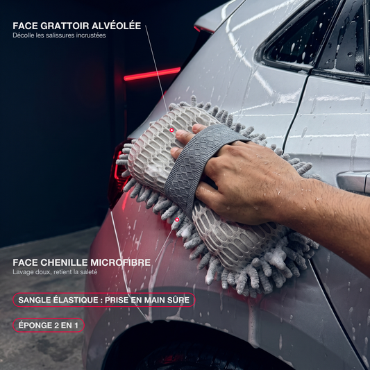 Infographie Éponge Lavage Douce MyClear 2 en 1 : face grattoir alvéolée, face chenille microfibre, sangle élastique