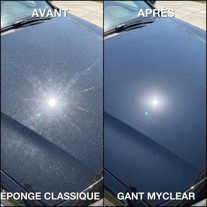 Avant / après : éponge classique avec micro-rayures contre gant MyClear