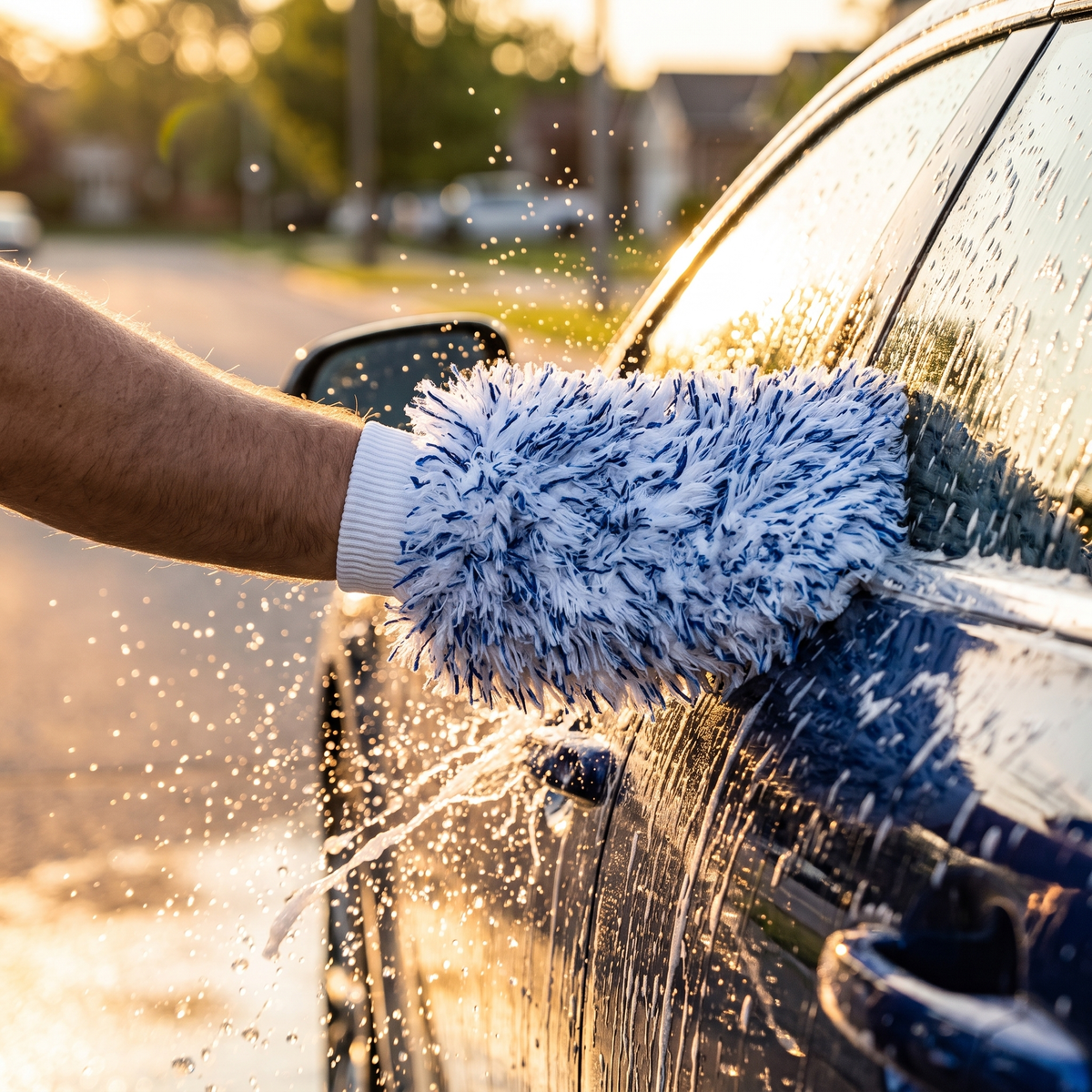 Gant de lavage microfibre MyClear en action sur carrosserie, poignet blanc