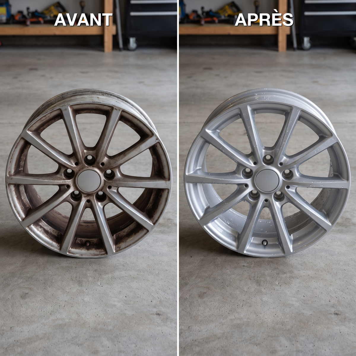 Avant / après : jante seule décrassée au nettoyant jantes MyClear