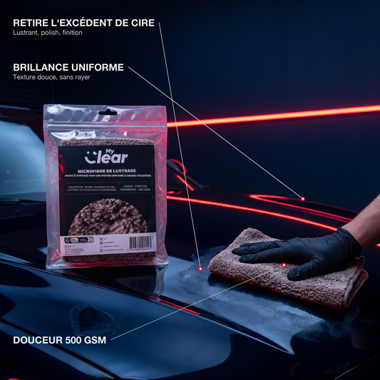 Infographie microfibre de lustrage MyClear : lustrage après cire sur capot, avantages en callouts