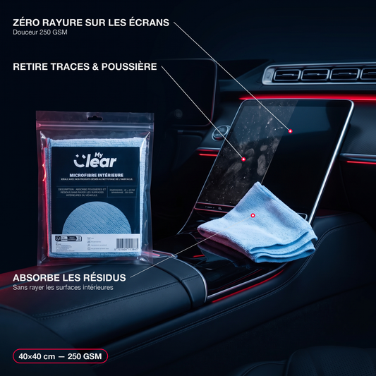 Infographie microfibre intérieure MyClear : écran et console essuyés, avantages en callouts