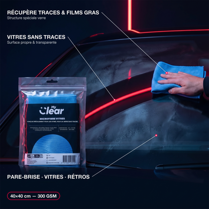 Infographie microfibre vitres MyClear : essuyage de vitre, avantages en callouts