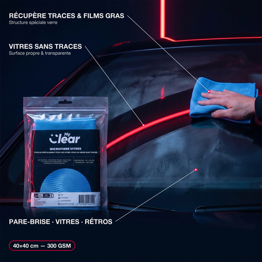 Infographie microfibre vitres MyClear : essuyage de vitre, avantages en callouts