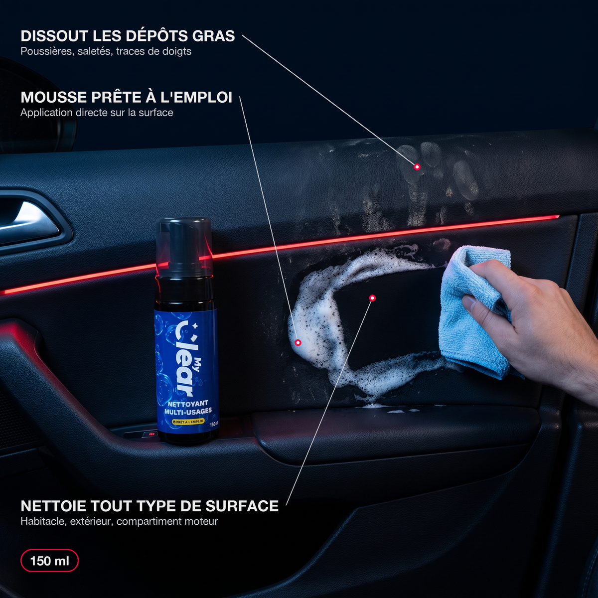 Infographie nettoyant multi-usages MyClear : nettoie tout type de surface, mousse appliquée sur panneau de porte intérieur