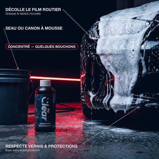 Infographie shampoing dégraissant concentré MyClear : voiture en mousse, avantages en callouts