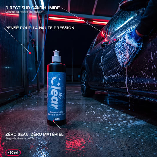 Infographie shampoing station de lavage MyClear : lavage au gant en station, avantages en callouts