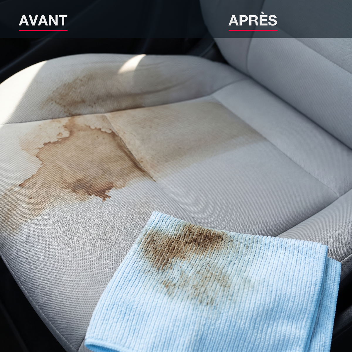 Avant / après nettoyant tissus MyClear : tache de café éliminée sans auréole, saleté extraite sur la microfibre bleue MyClear