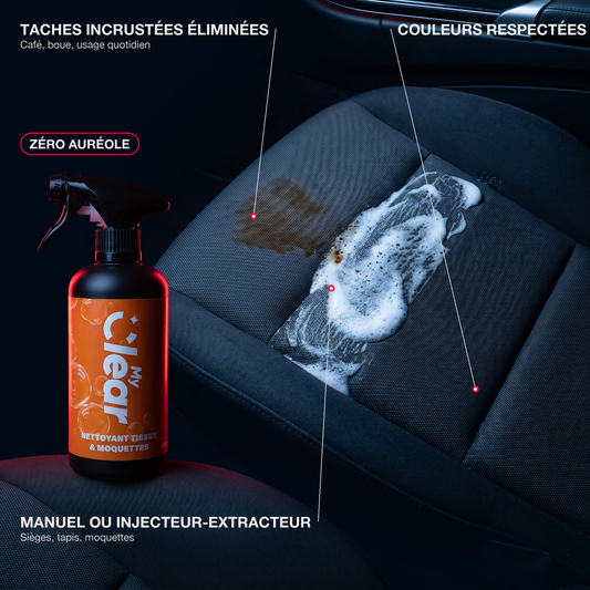 Infographie nettoyant tissus et moquettes MyClear : tache sur siège traitée à la mousse, avantages en callouts