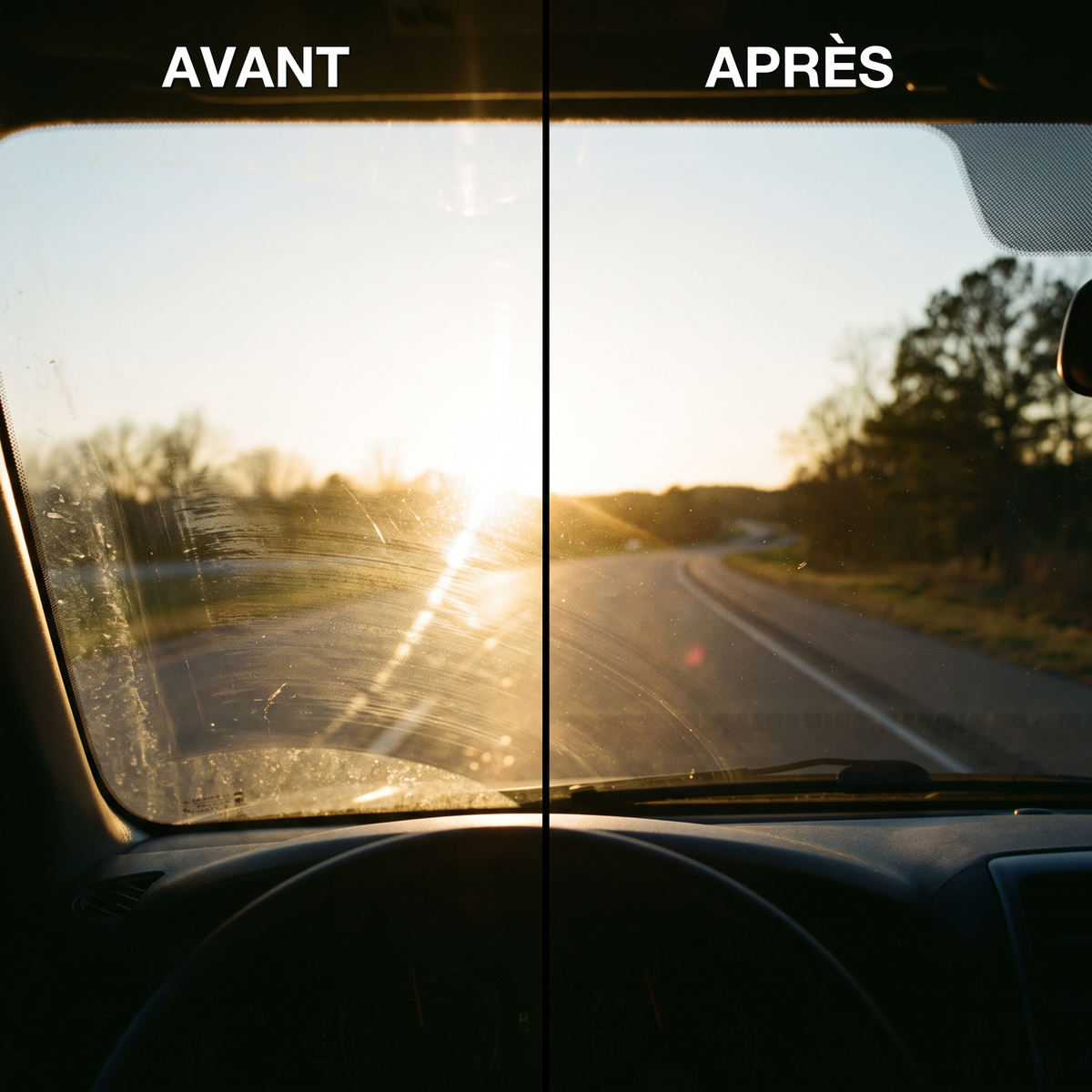 Avant / après : pare-brise voilé face au soleil contre vitre limpide